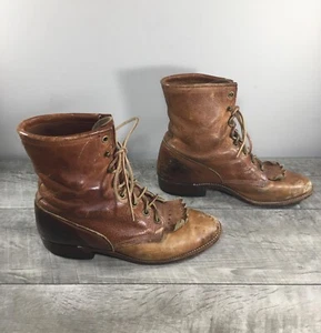 Women's Larry Mahan Leather Granny Grunge Punk Riding Lace Up Leather Boots 8.5 - Picture 1 of 10