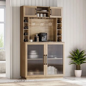 BELLEZE Coffee Wine Bar Cabinet with Power Outlet, 72" Rustic Liquor Cabinet,... - Picture 1 of 8