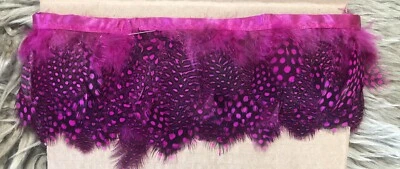 3 Yds Guinea Fowl Feather Trim Hot Pink Black Polka Dots Hot Pink Satin Ribbon - Image 1 of 2