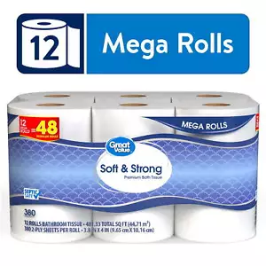 12 Mega Rolls,Great Value Soft & Strong Premium Toilet Paper - Picture 1 of 6