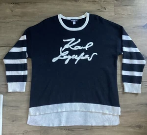 Karl Lagerfeld Black White Striped Logo Crewneck Sweater Womens XL - Picture 1 of 13