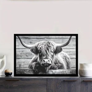 Highland Cow Farm Animal Framed Canvas Picture Print Wall Art Black & White 11f - Picture 1 of 5