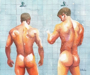 Obra de arte original pintada a mano de 12x10" pintura acuarela hombre gay desnudo masculino - Imagen 1 de 1