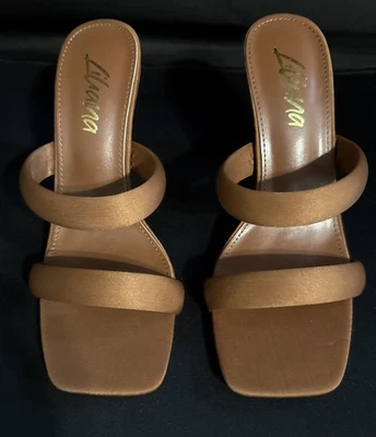 Liliana Arya  Medium Brown Double Strap Gold Heel Shoes Size 6 NWOB - Image 1 of 4