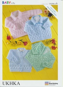 UKHKA 6 Knitting Pattern Baby Cardigans and Sweater in 4 Ply 31-56cm (12-22") - Picture 1 of 1