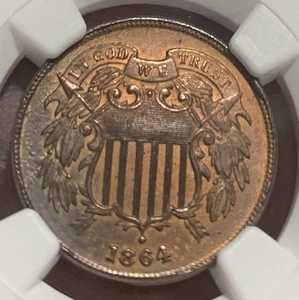 1864 Large Motto 2-cent coin, NGC MS63 RB, w/mint error (90 die rotation) - Picture 1 of 7