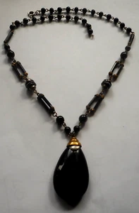 Vtg/Antique Black Carved Obsidian &Column Beads 2" Pendant 18" Necklace - Picture 1 of 14