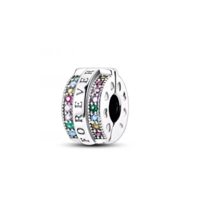 S925 Sterlingsilber Forever Liebe Regenbogen Clip On Stopper Charm für Armbänder - Bild 1 von 4