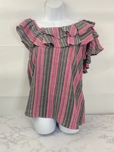 NWT Entro USA Short Sleeve Assymetrical Top Womens M Linen Pink Gray Striped T1 - Picture 1 of 5