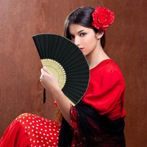 Hand Fan Black Silky Feel Fabric Bamboo Ribs Organza Bag Wedding Party Favour - Picture 1 of 12