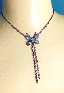 Purple & Clear Rhinestone Butterfly Pendant, Beads & Chain Necklace D67 - Picture 1 of 4