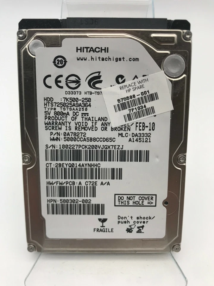 Hitachi 250GB HTS725025A9A364 7200RPM SATA 2.5" 7K500-250 Laptop Hard Drive - Image 1 of 1