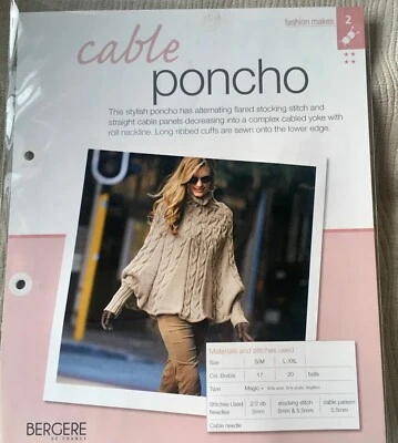 BERGERE KNITTING PATTERN FOR CABLE PONCHO IN MAGIC YARN ~ SIZES S/M  & L/XXL - Image 1 of 2