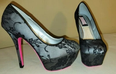Lattice lace black & white pink bottom heels round Toe Stiletto Pump 7.5 - Image 1 of 4