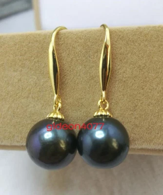 AAA 10-11mm natural black Tahitian round Pearl Earrings 14K YELLOW GOLD - Image 1 of 3