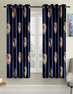 2 Pieces Hand Block Gold Peacock Eyelet Polyester Window Curtains 5Ft - Blue - Image 1 of 4