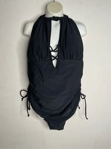 Aqua Eve Women's 18W Tummy Control Bathing Suit Halter One Piece Swimsuit Black - Picture 1 of 12