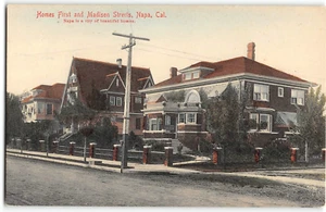 NAPA, CA 1st & Madison Street Homes 1910s Hand-Colored EE Cook Vintage Postcard - Picture 1 of 2