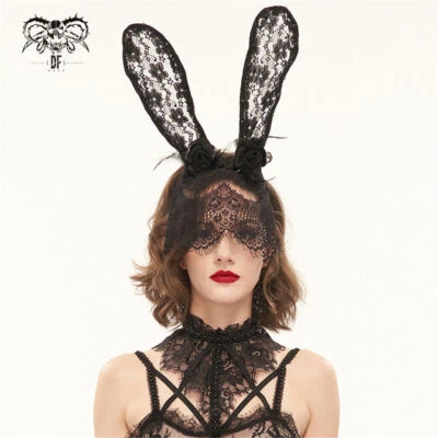 Devil Fashion Black Gothic Lace Rabbit Ears Headdress With Lace Face Mask - Bild 1 von 4