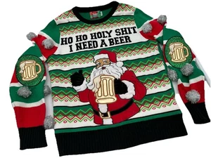 Spencers Ugly Christmas Sweater Mens Medium Light Up Santa Needs a Beer Untested - Picture 1 of 12