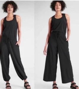 Athleta Revive Overall schwarz Racerbank Tank Tie Taille weites Bein Gr. 10 - Bild 1 von 11