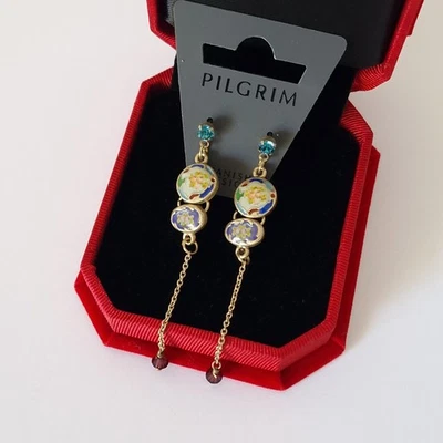 PENDIENTES PEREGRINO ESMALTE ESTRÁS COLGANTE GOTA ASPECTO ENVEJECIDO ACERO INOXIDABLE Foto 1 de 4