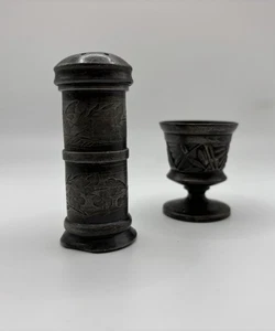 Vintage Zinn Salz Pfefferstreuer mit Tasse Schale - Bild 1 von 7