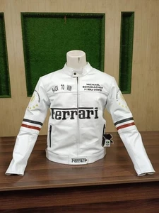 Ferrari Men's White Motorbike Motorcycle Racing Leather Jacket - Ce Certified - Picture 1 of 7