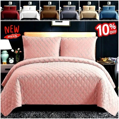 3 Piece Emboss Bedspread Quilted Comforter Bedding Set Bed Throw Reversible - Image 1 of 4