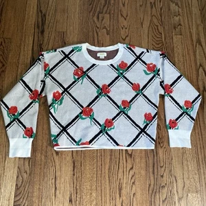 Anthropologie Maeve The Cameron Cropped Crewneck Sweater Size Medium Tan Floral - Picture 1 of 14