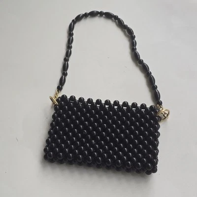 Bolso de mano retro vintage años 60 negro con cuentas de plástico mod bolso de muñeca con cremallera superior Foto 1 de 4