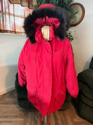 Abrigo hinchado de gamuza roja con cuello de piel de zorro negro real talla L XL Foto 1 de 4