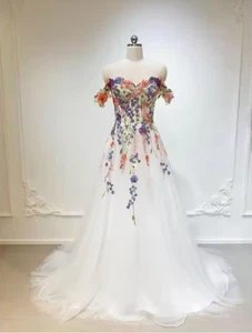 Pastrol White Floral Print Mori Light Wedding Dress Off Shoulder Mesh Color - Picture 1 of 13