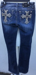 Women's Miss Me Signature Rise Boot Pocket Cross Bling Blue Jeans 29" Denim - Picture 1 of 4