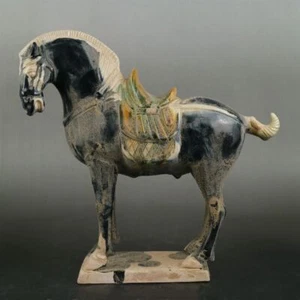 Chinese Tang Tri-Color Glazed Ceramics Green War Horse Porcelain Statue 9.0 inch - Picture 1 of 12