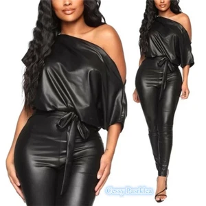 SN-D4-1 Womens Black Faux Leather Wet Look Off Shoulder Jumpsuit Club-wear - Bild 1 von 2