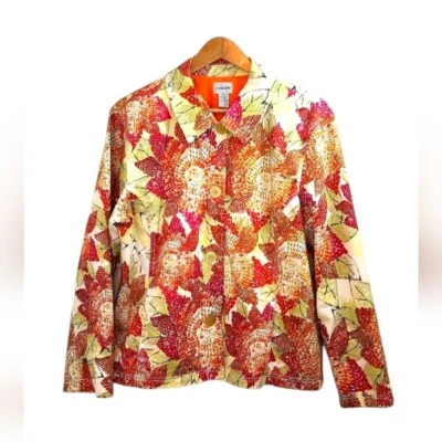 Chico’s Jacket Blazer Art To Wear Womens Sz 3=XL 16 Orange Pink Sequins Ladybugs - Image 1 of 4