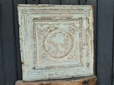 C.1885 Tin Ceiling Panel Bay Leaf WREATH & Fleur De Lis 24x24" Shabby, Holidays - Image 1 of 4