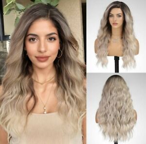 HD Lace Front Wig Natural Dirty Blonde Brown Ombre Wavy Heat Resistant 24 In