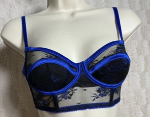 Ann Summers Athena Black Blue Sexy Longline Lace Balcony Bra 28 A-B - Picture 1 of 10