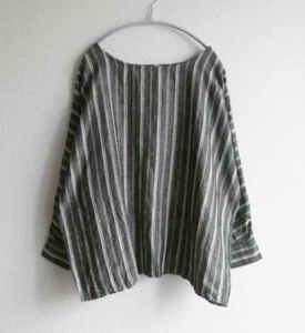 ICHI Antiquites Cotton Linen Pullover Blouse Striped Long Sleeve Gray - Picture 1 of 4