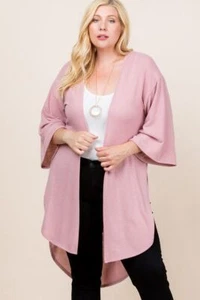 Plus Size Solid Hacci Brush Open Front Long Cardigan With Bell Sleeves Pink - Picture 1 of 2