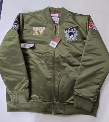 Chaqueta Bomber Mitchell Ness Oakland Raiders Verde Oliva Satinado Talla XL $150 NUEVA CON ETIQUETAS Foto 1 de 4