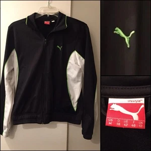 PUMA Zip Up Jacket Youth Medium Black White Neon Green Logo Lifestyle Athletic - Picture 1 of 5