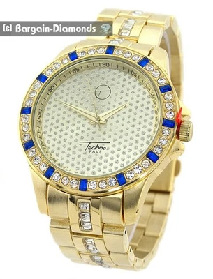 Reloj de pulsera para hombre 47 mm dorado-circonita cúbica-azul esfera dorada manecillas de circonita cúbica eslabones de hasta 8" Foto 1 de 4