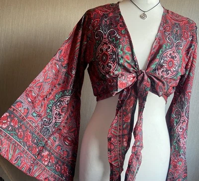 Hand Made Floral Paisley Bell sleeve wrap crop top Festival Retro Vtg Boho Hippy - Image 1 of 2