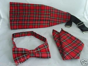 (B) TARTAN Red/ Royal Stewart MENS Bow tie + Cummerbund & Hankie Set-Burns Night - Picture 1 of 7