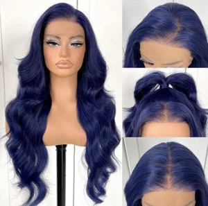 Peluca de cabello 100 % humano azul oscuro larga ondulada parte en T pelucas delanteras de encaje sin pegamento - Imagen 1 de 8