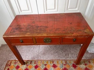 19th century Rustique 3 drawer Chinese Console Table - red with brass hardware - Picture 1 of 4