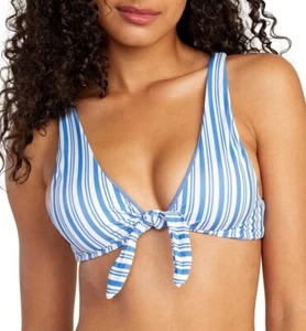 RVCA Front Tie Bikini Top L Blue White Pinstripe Square Back Standard Swim Top - Picture 1 of 10